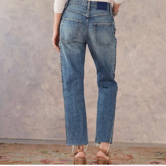 AMO Blue Straight Leg Jeans with Navy Side Stripe Raw Hem 26” - Picture 7 of 10